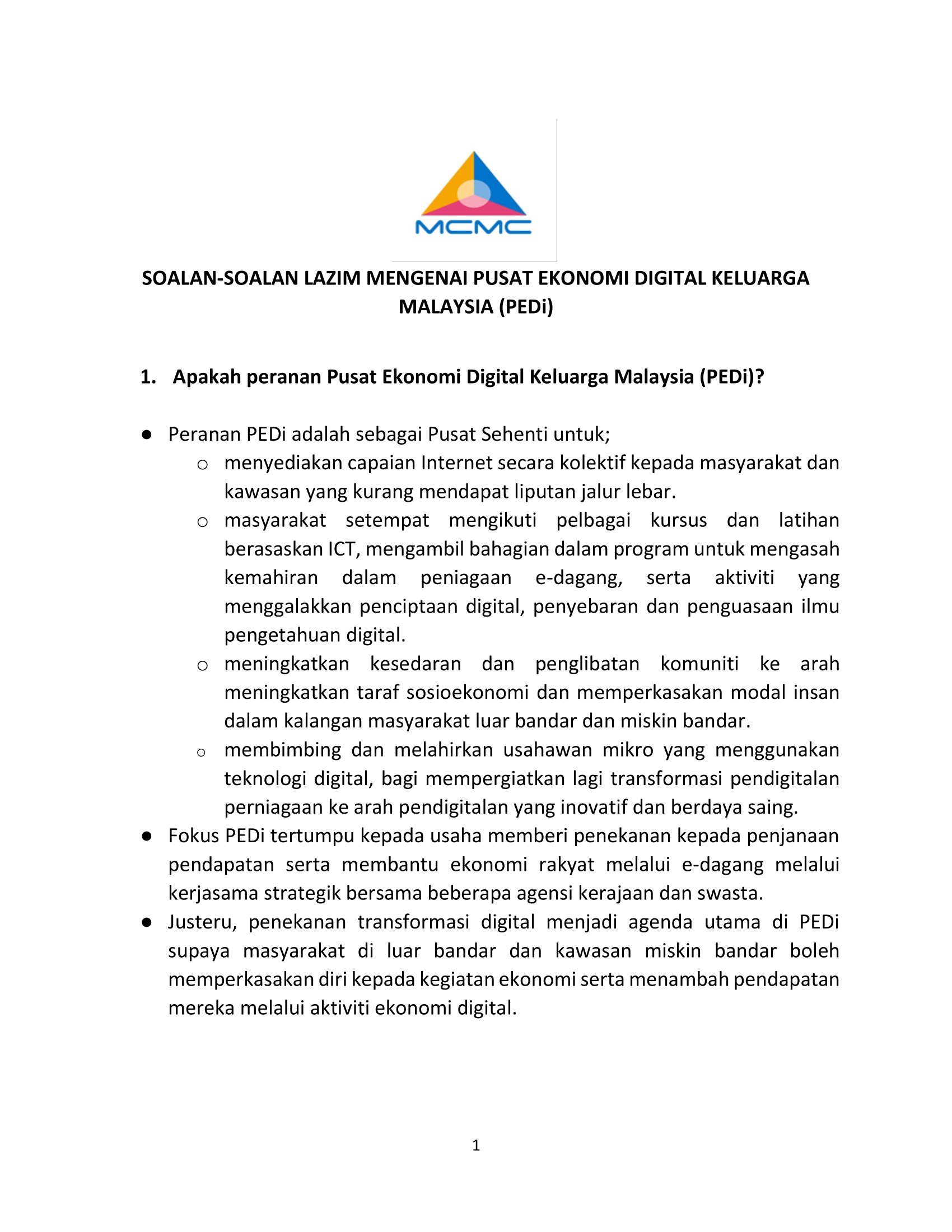 SOALAN SOALAN LAZIM MENGENAI PUSAT EKONOMI DIGITAL KELUARGA MALAYSIA PEDi 20211124 FINAL 1